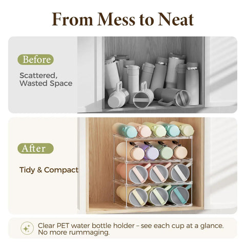 Stackable Water Bottle Organizer Rack for Cabinet Storage with Multi Tier Tumbler Holder and Anti Slip Grooves installed neatly