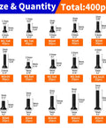 Table showing sizes and quantities of 400 Piece Mini Flathead Phillips Screw Kit With 15 Sizes M1.7 To M3 Steel Zinc Coated