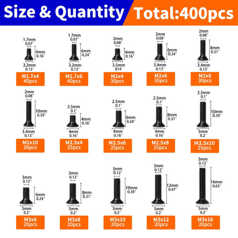 Table showing sizes and quantities of 400 Piece Mini Flathead Phillips Screw Kit With 15 Sizes M1.7 To M3 Steel Zinc Coated