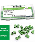 20 green 2-pin screw terminal blocks with storage box for 12-28 AWG wires, rated 300V 15A, in green PA66 plastic