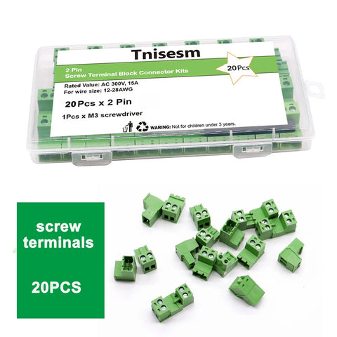 20 green 2-pin screw terminal blocks with storage box for 12-28 AWG wires, rated 300V 15A, in green PA66 plastic