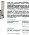 Assorted sizes of pleated polyester sediment filters for Big Blue housings, reusable 30 micron, protects plumbing and appliances.