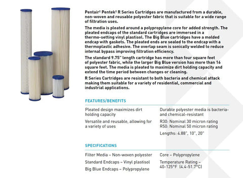 Assorted sizes of pleated polyester sediment filters for Big Blue housings, reusable 30 micron, protects plumbing and appliances.