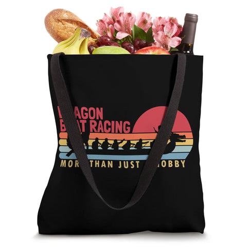 Dragon Boat Tote Bag For Paddlers And Crew Fans Who Live For Racing Regattas, black tote with dragon boat motif, groceries inside