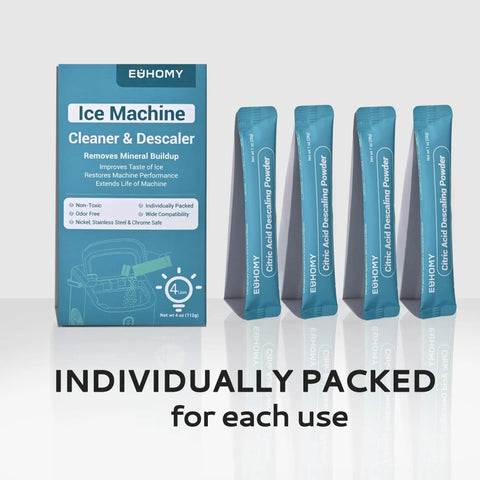 Pro Grade Ice Maker Cleaner And Descaler Powder With Organic Citric Acid, 4 Uses, Individually Packed, Safe For All Brands, Nickel Safe, Stainless Steel And Chrome Safe, Odor Free And Non Toxic, 4 packets