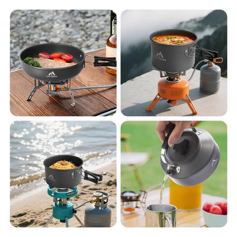 27 Piece Camping Cookware Kit For Two To Four People With Kettle Pots And Pans, Stainless Steel Utensils And Plates in use outdoors