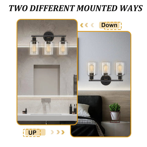 Two mounting options for Three-Light Slick Oil Rubbed Bronze Bathroom Vanity Light With Clear Glass Shades Waterproof Modern Wall Sconce