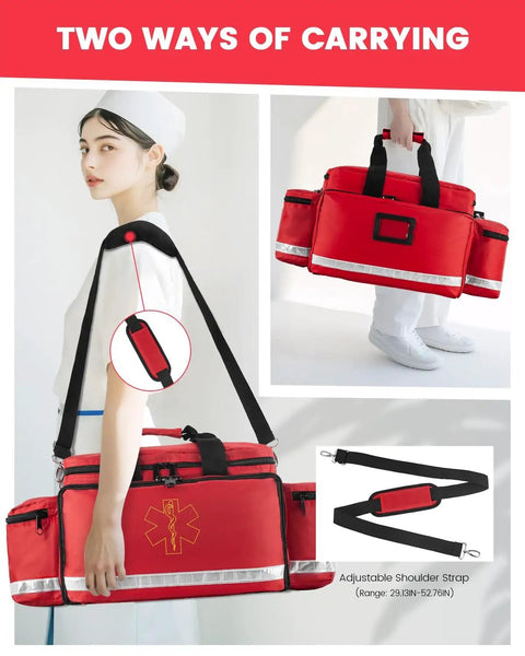 EMT First Aid Bag For Pros, Water Resistant Medical Kit With 360 Degree Reflective Trim, detachable shoulder strap shown