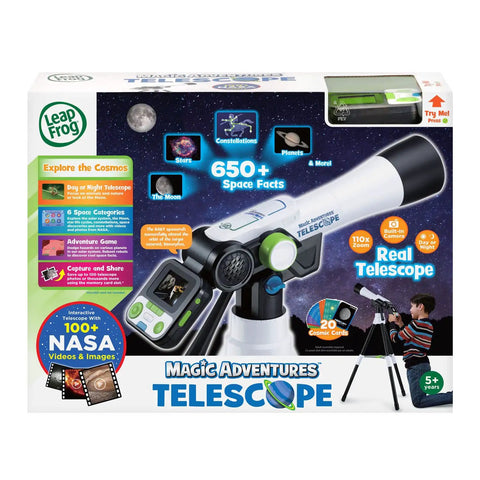 Totally Kid Friendly Space Explorer Telescope With Two Point Four Inch Video Screen And 110x Zoom Moon Viewing And Adventure Game Digital Telescope For Learning And Outdoor Stargazing box with telescope and child