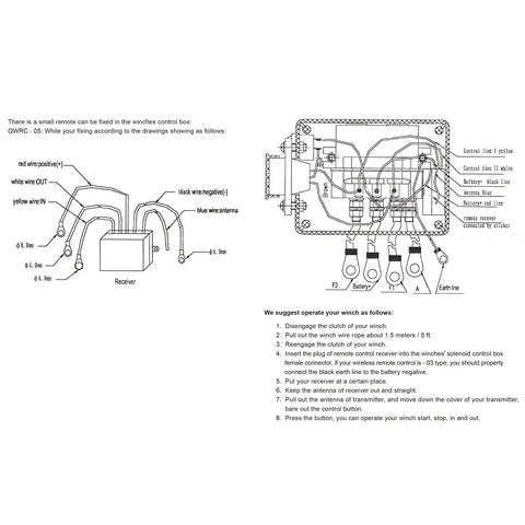 Diagram of Wireless Winch Remote Kit For 12V DC Trucks, ATVs, And SUVs showing wiring and control box setup