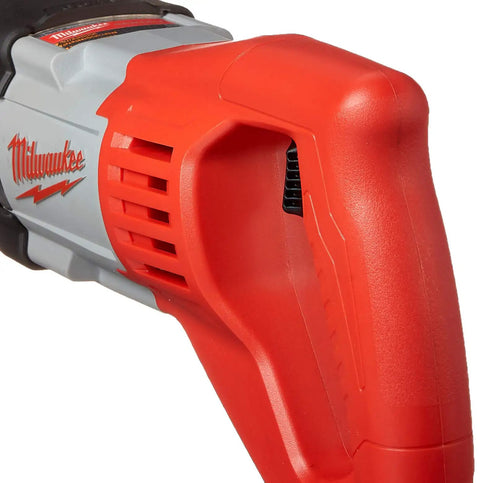 Close-up of the handle on the Badass Corded Reciprocating Saw With Quick Lock Tool Free Blade Swap for demolition work.