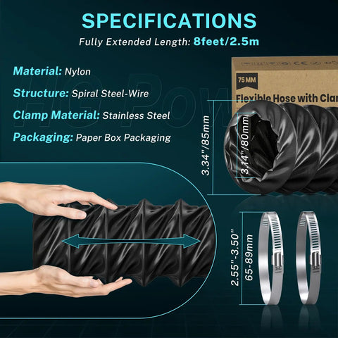 3 Inch Diesel Heater Ducting Hose, 8 Ft Flexible Nylon Exhaust Pipe with clamps, high heat nylon, shown with specifications