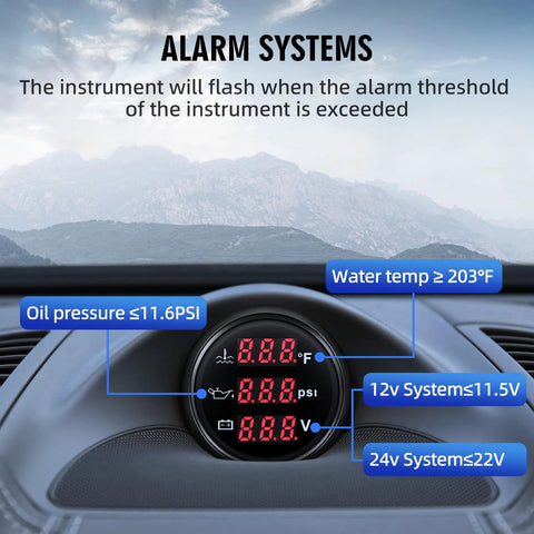 MAIMEIMI 3-in-1 automotive gauge set (52mm) with red LED oil pressure, water temp and volt meters on a car dash