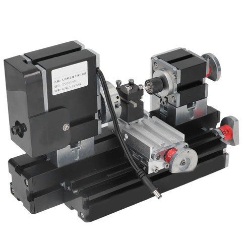 BTSEURY 12VDC Micro Lathe Machine with motor and gears for wood and soft metal turning in DIY workshops.