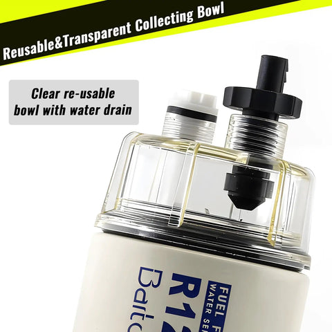 Close-up of clear reusable bowl with water drain for 10 Micron Fuel Water Separator Kit For Outboard Motors Marine Filter System