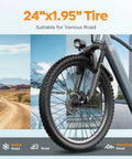 Adult Electric Bike 24 Inch Frame With 1000W Peak Motor And 504Wh Battery front wheel with 24"x1.95" tire, snowy to mountainous terrain background.