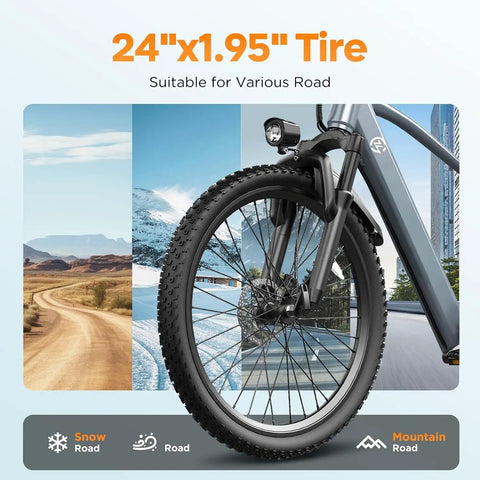 Adult Electric Bike 24 Inch Frame With 1000W Peak Motor And 504Wh Battery front wheel with 24"x1.95" tire, snowy to mountainous terrain background.