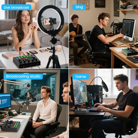 All In One Podcast Setup Bundle With Studio Grade Microphone And Voice Changer, Plug And Play Live Sound Card in various settings.