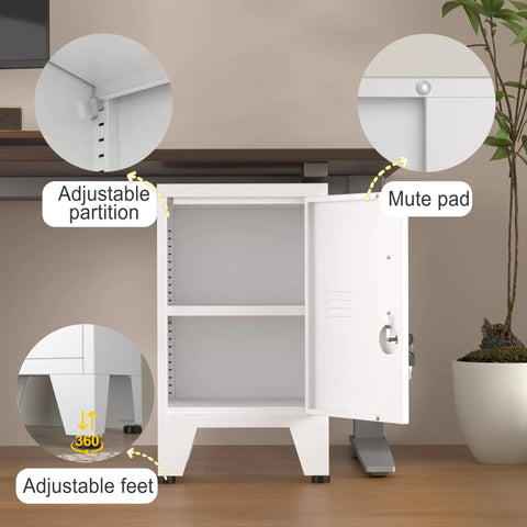 Heavy Duty Metal Nightstand With Totally Lockable Doors And Adjustable Shelves, Super Slick Under Desk Steel Storage Unit, showcasing adjustable partition and mute pad.