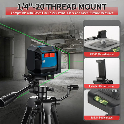 Adjustable Laser Level Tripod For Line And Point Lasers With One Quarter Twenty Mount, Extends 20.5 To 55 Inches, Collapsible Legs And Non Slip Feet, Stable Swivel Base, Carrying Pouch, For Precise Measurements On Any Job Site. 1/4-20 mount with bubble level on laser tripod