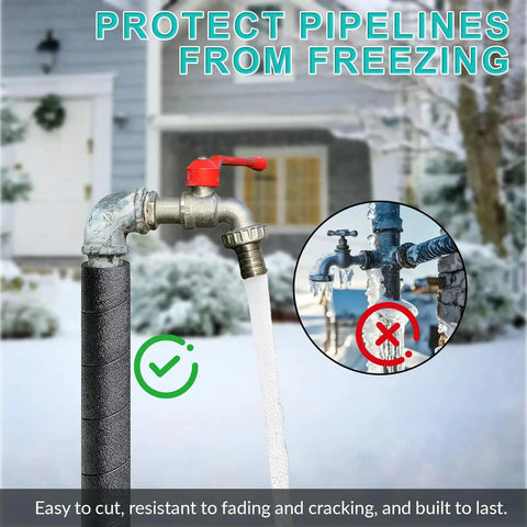 Black foam pipe insulation in use protecting outdoor spigot from freezing, part of 12 Pack Pipe Insulation Foam Tubes For Frost Protection.