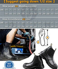 Men's Steel Toe Waterproof Work Boots With Slip Resistant Anti Static Safety Shoes Built Tough For Any Jobsite Wide Toe Box For Comfort ASTM F2413 I75 C75 Protection Slip On Convenience All Day Toughness in use with size chart.