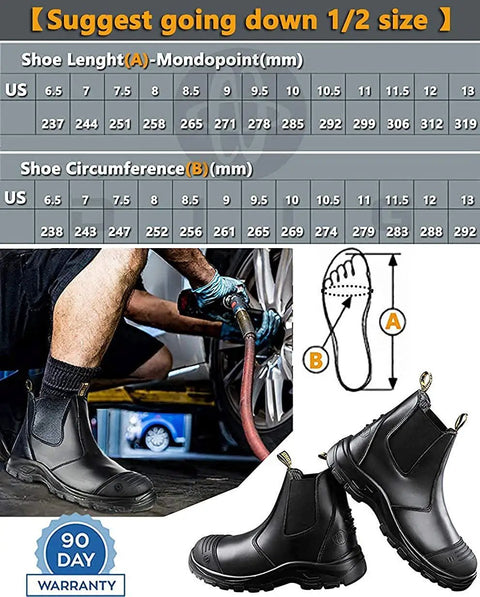 Men's Steel Toe Waterproof Work Boots With Slip Resistant Anti Static Safety Shoes Built Tough For Any Jobsite Wide Toe Box For Comfort ASTM F2413 I75 C75 Protection Slip On Convenience All Day Toughness in use with size chart.