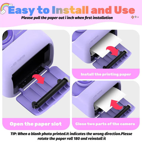 12 Roll Kids Instant Camera Print Paper Refill BPA Free 56mm By 24mm Thermal Paper For Photo Printers, Each Roll Prints About 60 Pics, Safe Premium Paper. Kids instant camera paper refill, open slot and install printing paper.