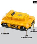 Compact 20V Max Lithium Ion Battery Twin Pack 2.0Ah, showing 3-LED fuel gauge, low self-discharge, and no memory feature.