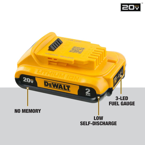 Compact 20V Max Lithium Ion Battery Twin Pack 2.0Ah, showing 3-LED fuel gauge, low self-discharge, and no memory feature.
