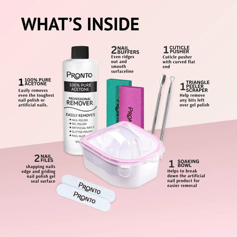 Gel Nail Polish Remover Kit With 8 Oz Pure Acetone Nail File Soak Off Bowl Buffer Block Cuticle Pusher And Scraper components display.