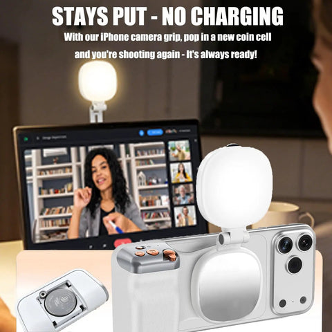 Phone Camera Grip With Light And Wireless Remote, featuring magnetic ring and LED selfie light for content creation on phones.