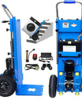 Heavy Duty Electric Stair Climbing Cart With 1500W Motor And 880LB Capacity, blue color, showcasing motor and foldable design.