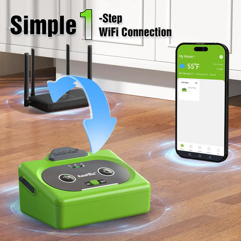 Direct WiFi Automatic Plant Waterer System With App Control showing simple 1-step WiFi connection with smartphone app interface