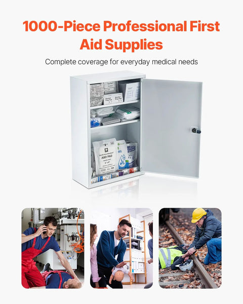 White metal three-shelf first aid cabinet with open door and visible medical supplies