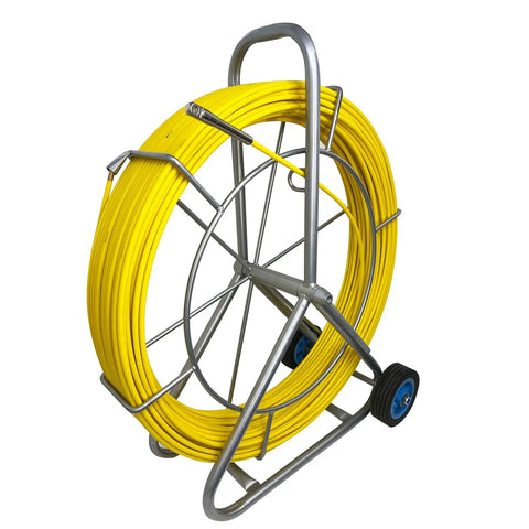 Pro Grade 8MM 150M Fiberglass Duct Rodder with yellow cable and cage wheel for electrical installations