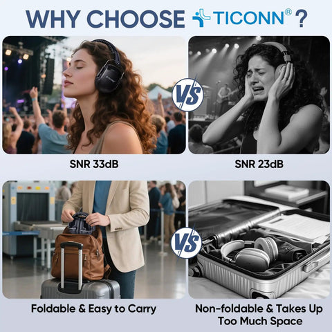 Comparison of noise canceling earmuffs for concert and travel with foldable design for easy carry, showing SNR ratings.