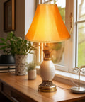 Gold Bell Lamp Shades Set Of 2 For Table Lamps Traditional Linen Spider Shade With Elegant Gold Fabric shown on table lamp