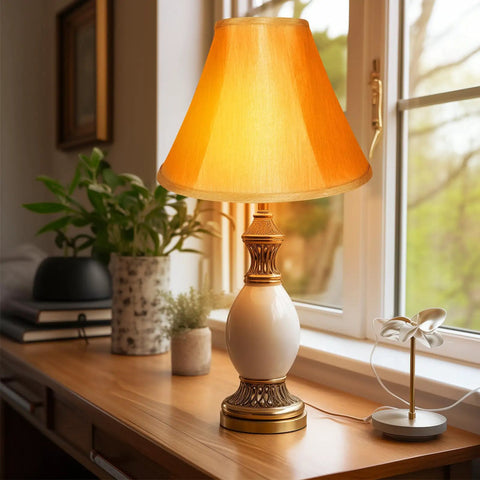 Gold Bell Lamp Shades Set Of 2 For Table Lamps Traditional Linen Spider Shade With Elegant Gold Fabric shown on table lamp