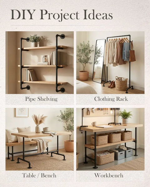 DIY project ideas with black malleable iron pipe: shelving, clothing rack, table, workbench using Half Inch By Twenty Four Inch Black Malleable Iron Pipe Nipples Fittings Ten Pack Threaded Both Ends With Rust Preventive Coating Ideal For Diy Steampunk Industrial Vintage Style Makers And Home Projects.