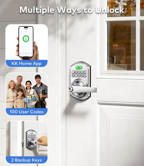 Knockout Smart Keypad Door Lock With Handle For Front Door Entry Boasting A Slick Satin Nickel Finish And Total Game Changing App Control Plus One Hundred Custom Passcodes For Easy Peasy Keyless Access And Full Alexa Google Compatibility