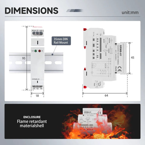 Impulse Latching Relay With Memory, 16A Pulse Control, Wide Range AC DC 12 Volt To 240 Volt, Easy DIN Rail Mount, product dimensions shown