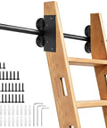 20 Ft Sliding Library Ladder Hardware Kit With Rock Solid Carbon Steel Track showing wood ladder, black hardware, and mounting tools.
