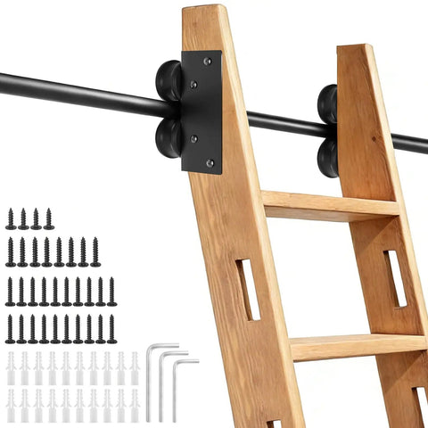 20 Ft Sliding Library Ladder Hardware Kit With Rock Solid Carbon Steel Track showing wood ladder, black hardware, and mounting tools.