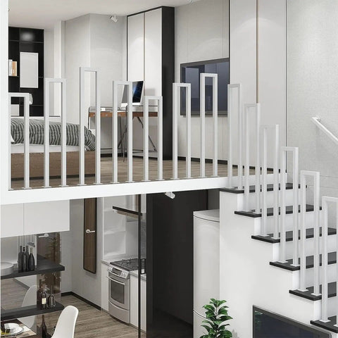 Heavy Duty Side Mount Stair Rail With Rock Solid Grip For Deck Balusters And Outdoor Steps, white metal design in modern interior.