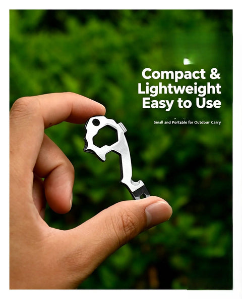 Hand holding Stainless Steel Keychain Tool Pocket Multi Tool 6 Pack with bottle opener and hex wrench cutouts for daily carry