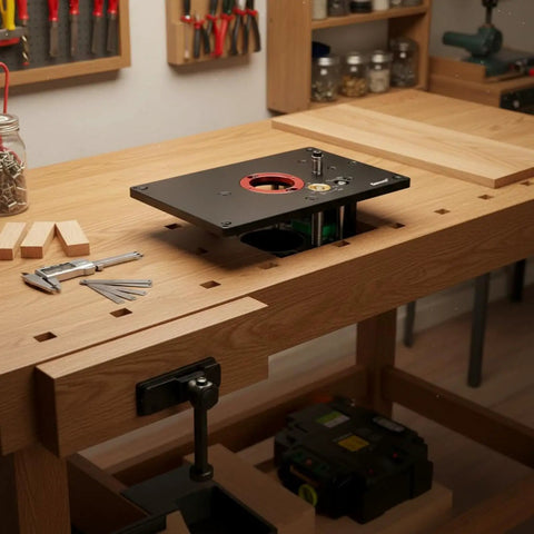 Rock Solid Router Table Insert Lift Plate With Bulletproof Stability And Dial In Height Control Heavy Duty Aluminum Alloy mount on workbench.