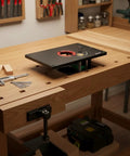 Precision Router Table Insert Lift Plate Slick Fine Height Adjustment Knobs For Woodworking Jigs and Repeatable Cut Setups Built Tough Aluminum Alloy mounted on a woodworking table.