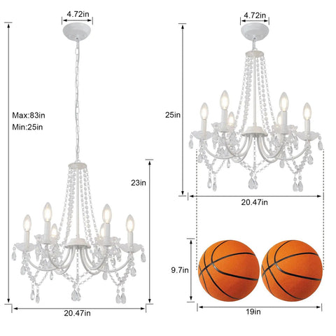 Lit White Crystal Chandelier With Six Lights For Bedroom And Dining Room Modern Elegant Candle Ceiling Light Fixture Living Room Entryway Foyer Decor Sparkling K5 Drops And Glass Center Tray, dimensions displayed.