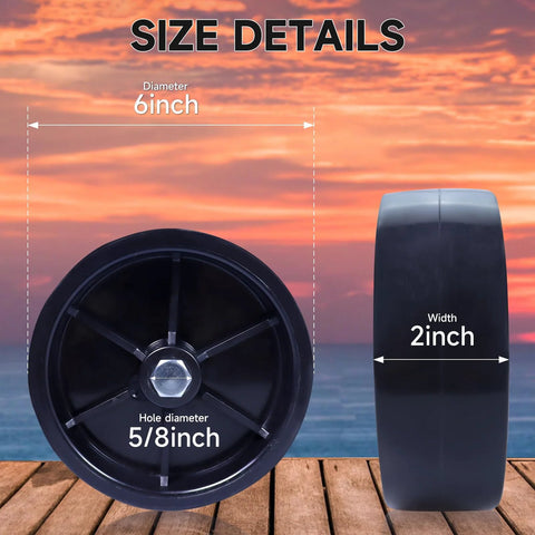 Two XIANGZI 6-inch trailer jack wheels; black, 6-inch diameter, 2-inch width, 5/8-inch hole.